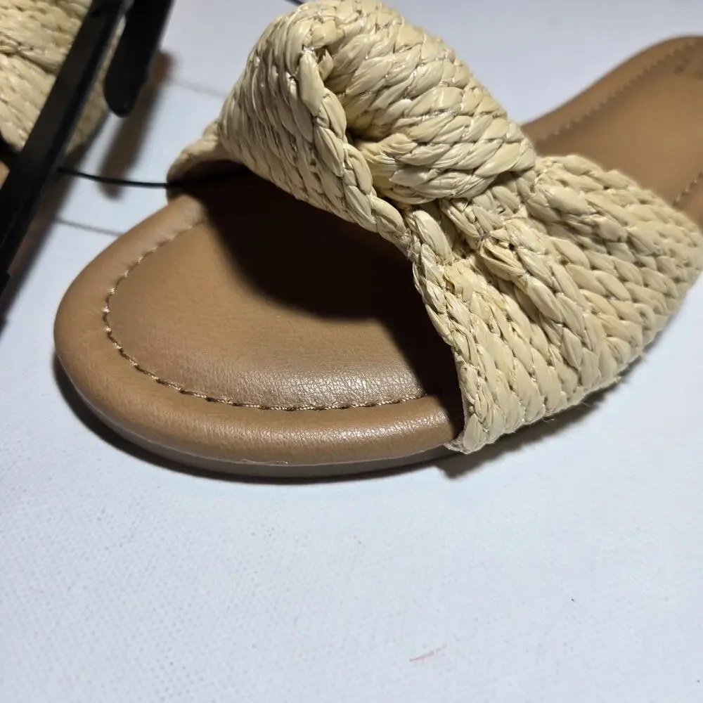 Time and Tru Women’s Woven Raffia Slide Sandals Cream Straw Knot Shoes Size 6